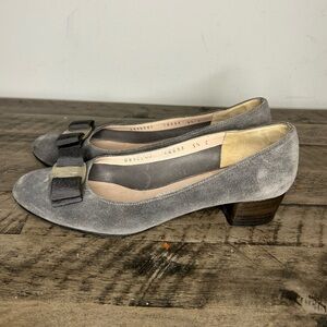 Salvatore Ferragamo Gray Suede Bow Block Heels